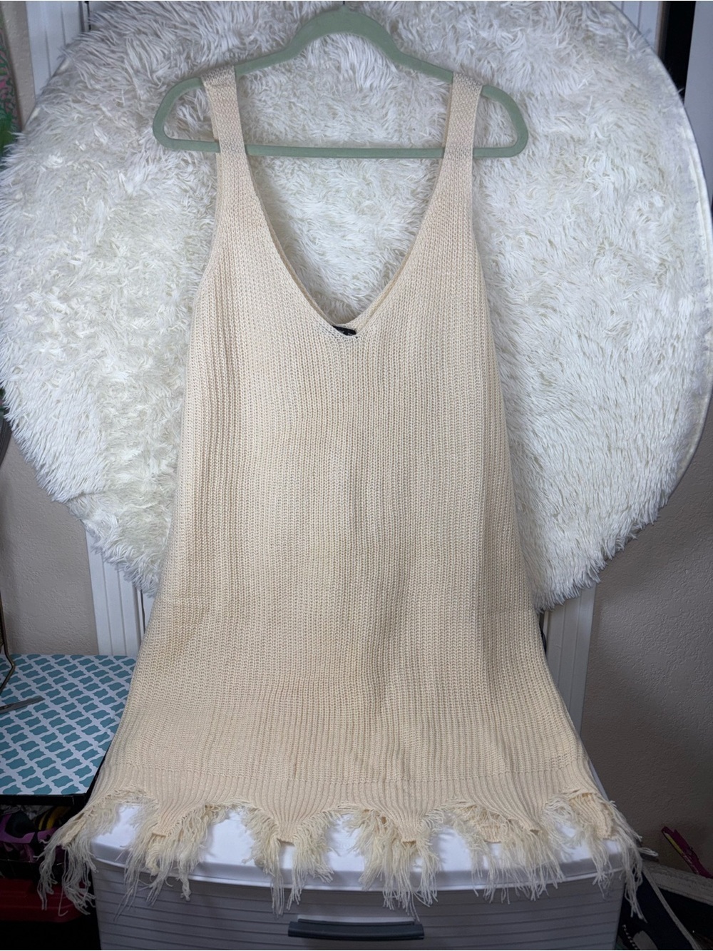 Cream Knit Fringe Tank Dress 3XL